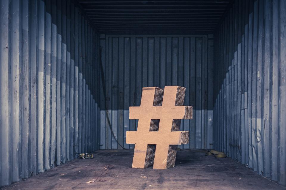 Cardboard hashtag in a trailer.