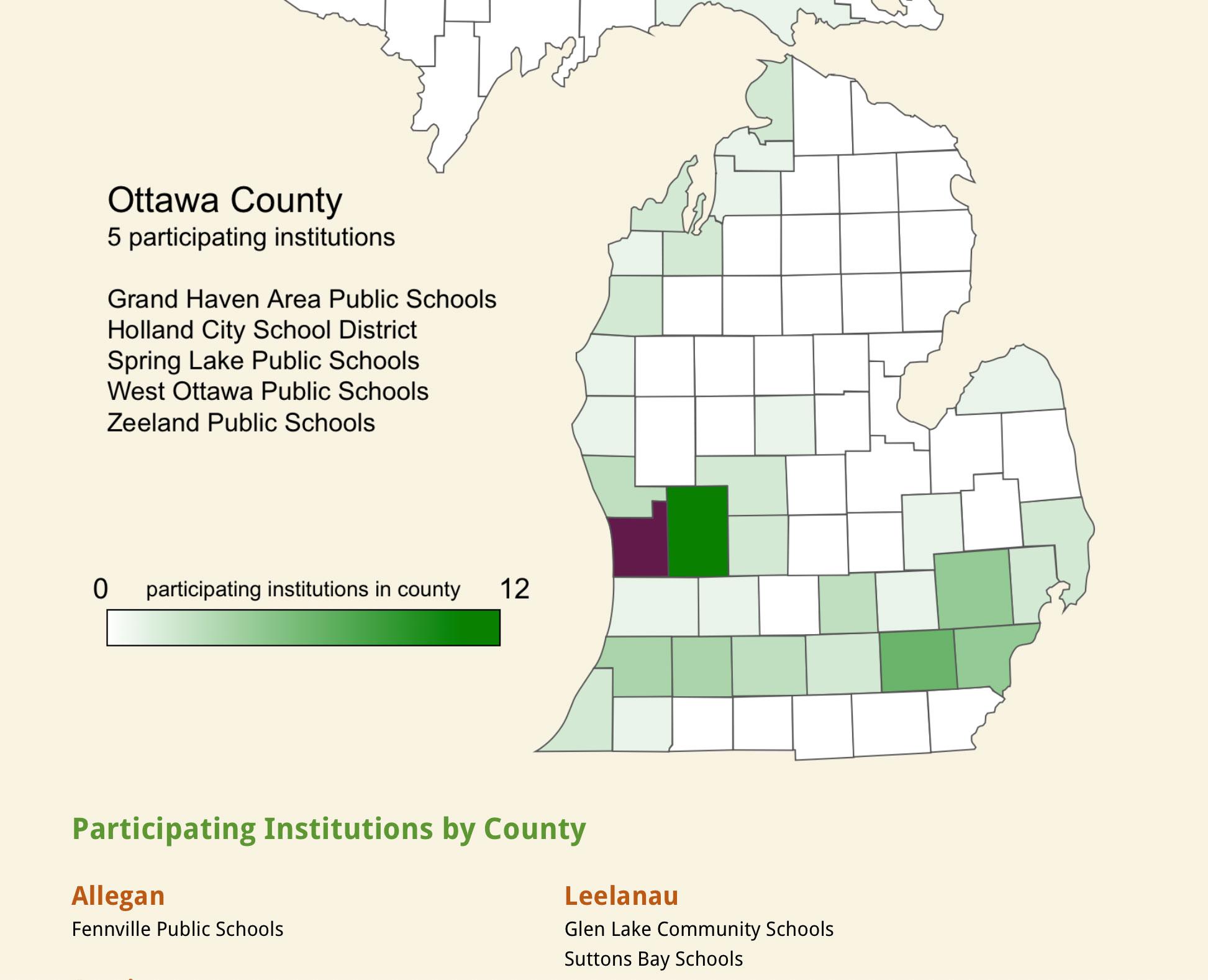 Michigan map showing program participants in each county.