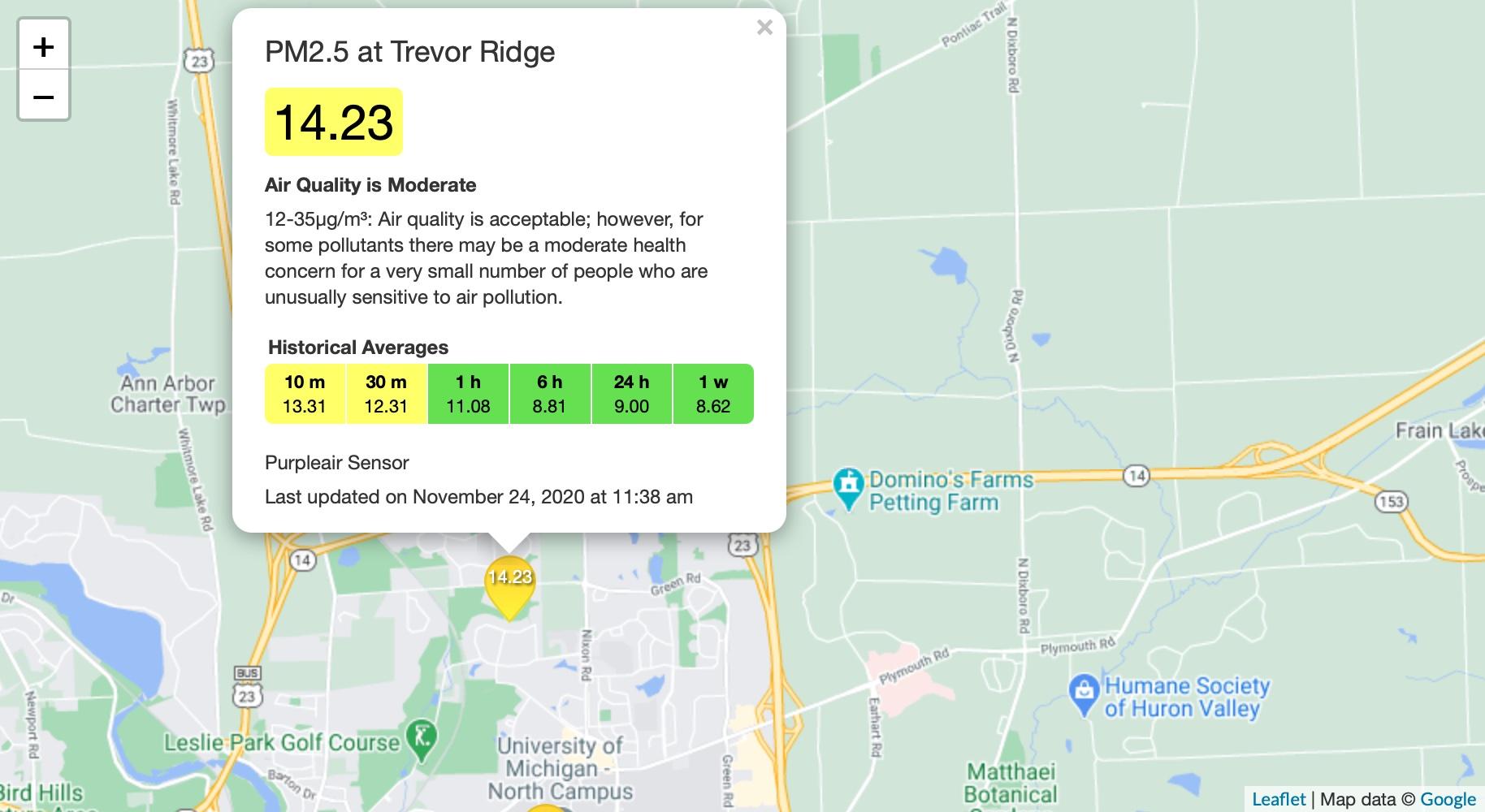 Air quality map details at location.