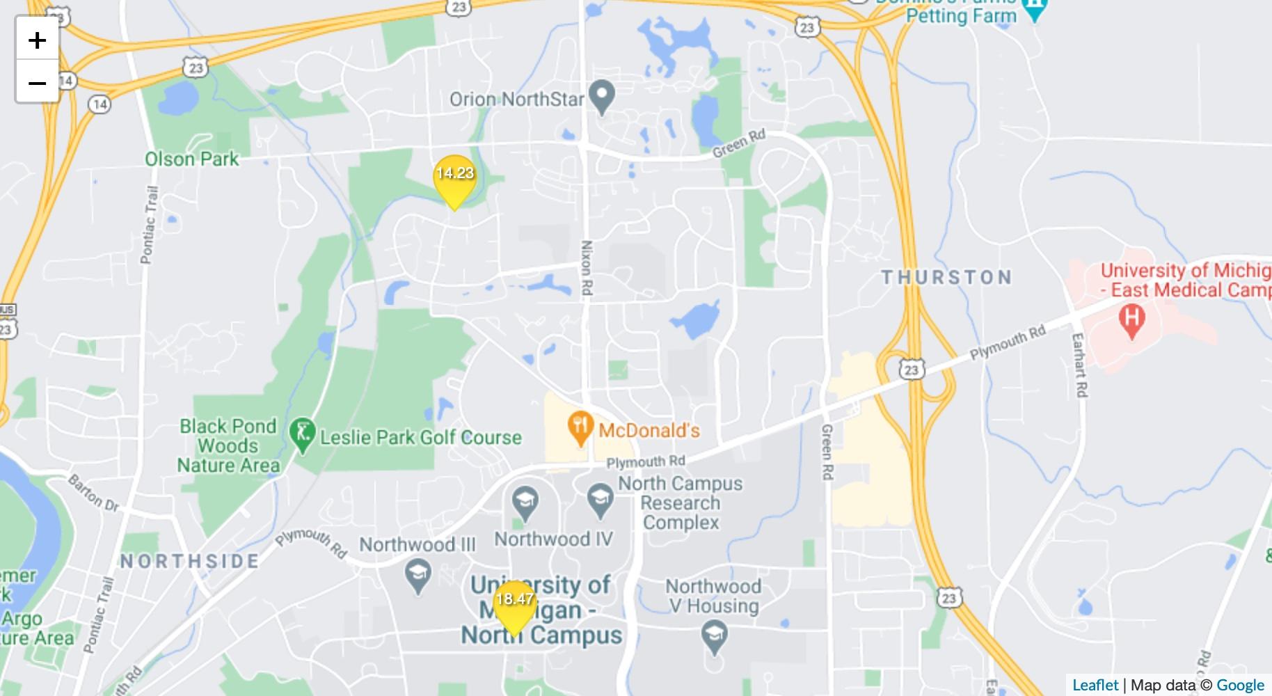 Air quality map overview with 2 markers.