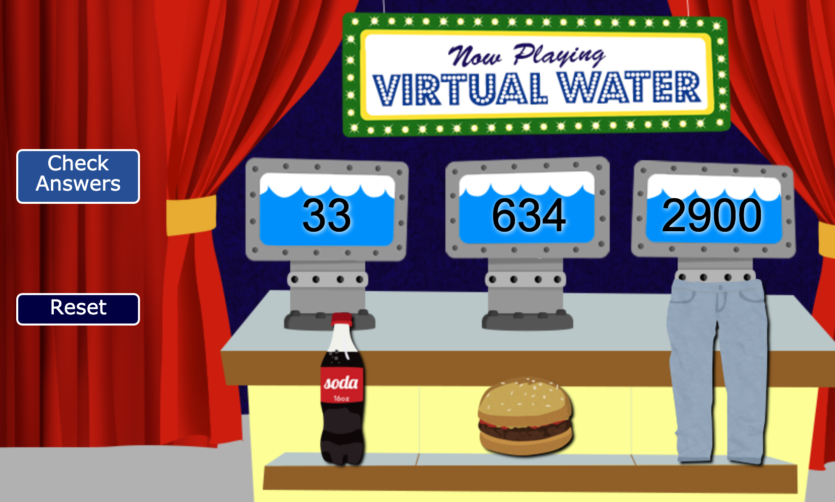 The water interactive game helps people choose which household items use the least water to produce.