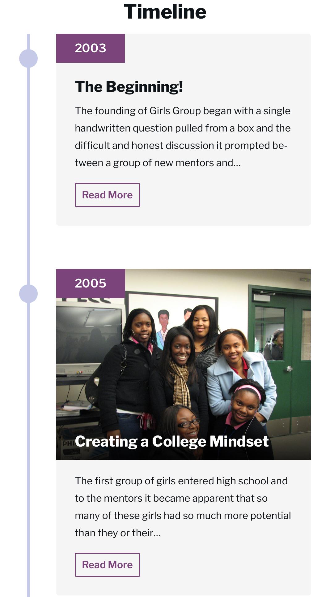 The GIrls Group TImeline feature as it would be seen on a mobile device, with items arrayed vertically.