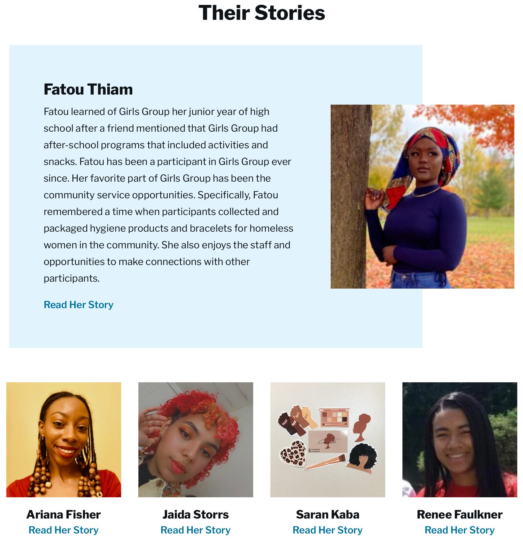 A screen shot of the Girls Group website illustrating the Story feature. One large image and text appear at the top, with four more images and brief text arrayed below.